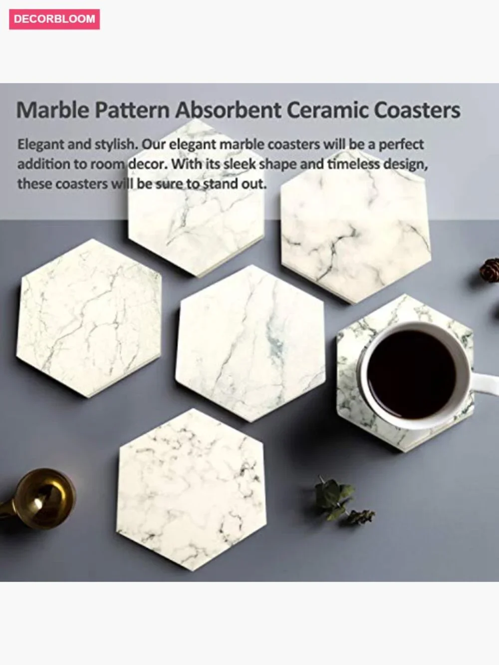 Ceramic Coaster Set of 8 with Metal Holder, Cork Base, Absorbent